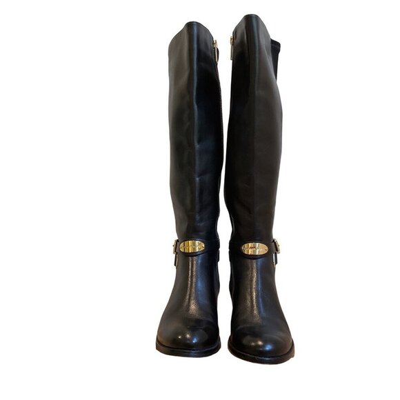 Michael Kors Black Leather Knee-High Riding Boots gold hardware Womens Size 5.5 - Picture 4 of 16